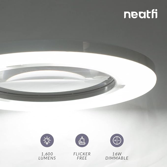 Neatfi XL Bifocal LED Magnifying Lamp, 7-Inch Acrylic Lens, 5D/20D Magnification, Hands-Free, Dimmable, 84 SMD LED, Adjustable Arm for Crafts, Reading, Close Work (White, with Base)