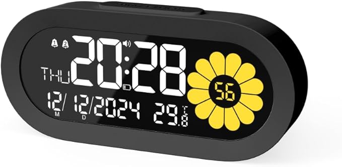 DOOMAY Digital Alarm Clock for Bedroom: Dual Alarm Bedside Clock VA LCD Display with Seconds, 9-Minute Snooze and Weekend Mode, 3 Brightness, 4 Alarms and 3 Volume Levels，Type C & Battery Included