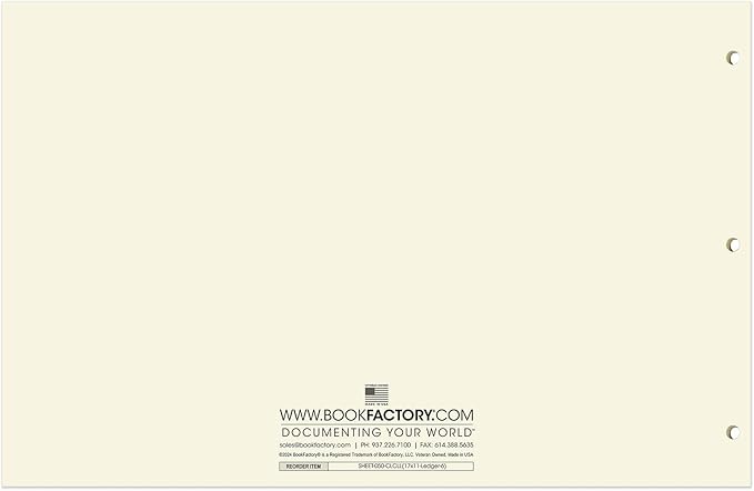 BookFactory Ledger Sheets/Large 6 Column Accounting Ledger Columnar (Six Columns) Loose Leaf Paper - 17'' x 11'', 50 Pages, Loose Leaf, 3 Hole Punched (Made in USA)