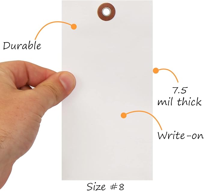 SmartSign 6.25 x 3.125 inch Blank White Shipping Tags with Metal Eyelet (Size-8), 7.5 mil HDPE Plastic, Writable, Pack of 1000 (No Wires), Made in USA