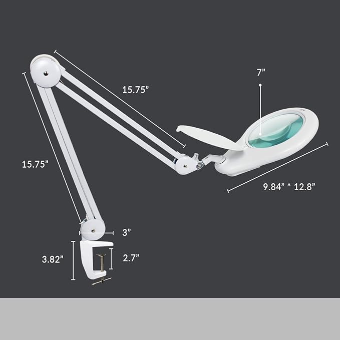 Neatfi LED Magnifying Lamp, 5 Diopter Glass Lens, 6500K Daylight Bright Light, Adjustable Arm, Eye-Friendly Lamp for Crafts, Sewing, Painting, Jewelry Making & Reading (White, 7-Inch Lens with Clamp)