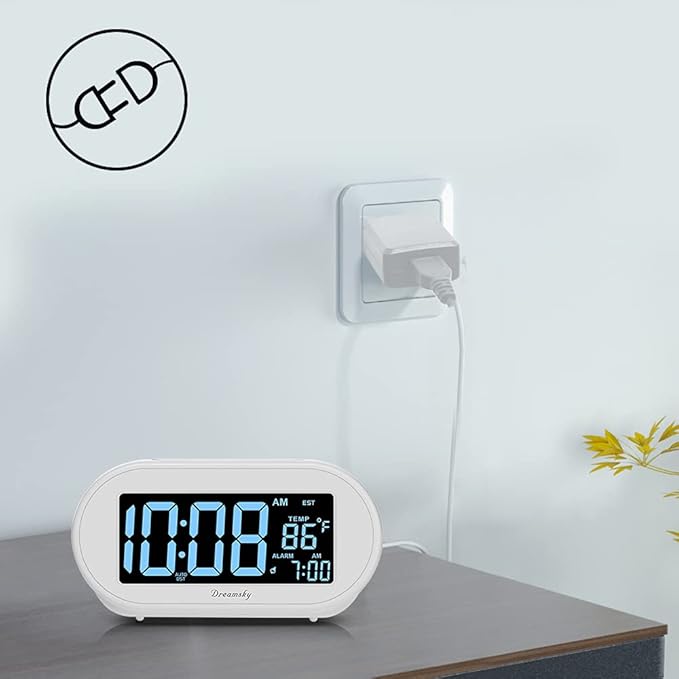 DreamSky Alarm Clocks for Bedrooms, Auto Set Digital Desk Clock for Bedside Nightstand, Electric Clock with Dimmable Brightness Dimmer, Auto DST, USB Port, Date, Temperature, Snooze
