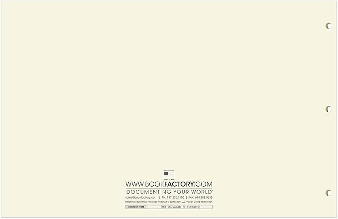 BookFactory Ledger Sheets/Large 5 Column Accounting Ledger Columnar (Five Columns) Loose Leaf Paper - 17'' x 11'', 50 Pages, Loose Leaf, 3 Hole Punched (Made in USA)