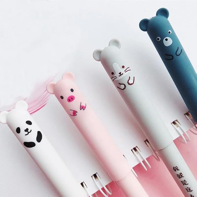 Piaogui 4pcs 0.5mm Erasable Gel Pens,Kawaii Cute Bear Pig Erasable Gel Pen Set Kawaii Pens Back to School Stationery Supplies for Writing Noting Journaling Kids Gifts (4Pcs)
