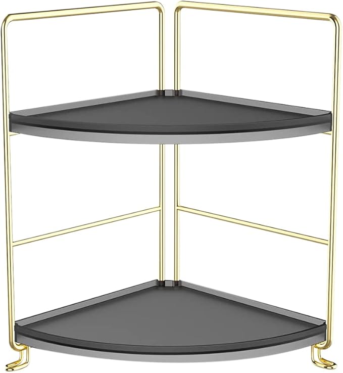 JANUS LiANG 2-Tier Spice Rack Corner Storage Shelf Makeup Organizer Stackable Cosmetic Holder Standing Counter Shelf for Bathroom, Kitchen, Countertop, and Vanity (Gold + Black)