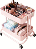 LIWNYRK 2 Tier Rolling Cart with Wheels for Under Desk Storage, Pink Small Rolling Pantry Storage Cart for Small Space, Metal Short Utility Shelf for Vanity Kitchen Bathrrom Laundry Organization