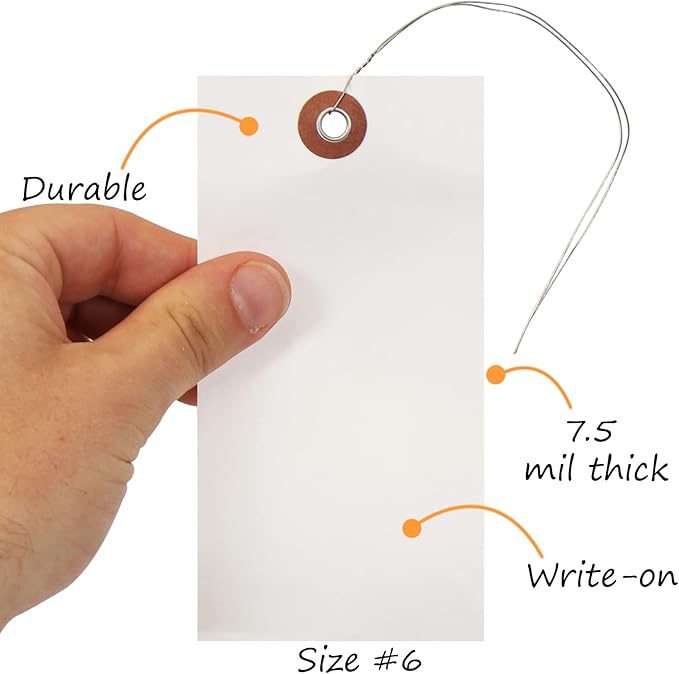 SmartSign 5.25 x 2.625 inch Blank White Shipping Tags with Wires (Size-6), Metal Eyelet, 7.5 mil HDPE Plastic, Writable, Pack of 1000