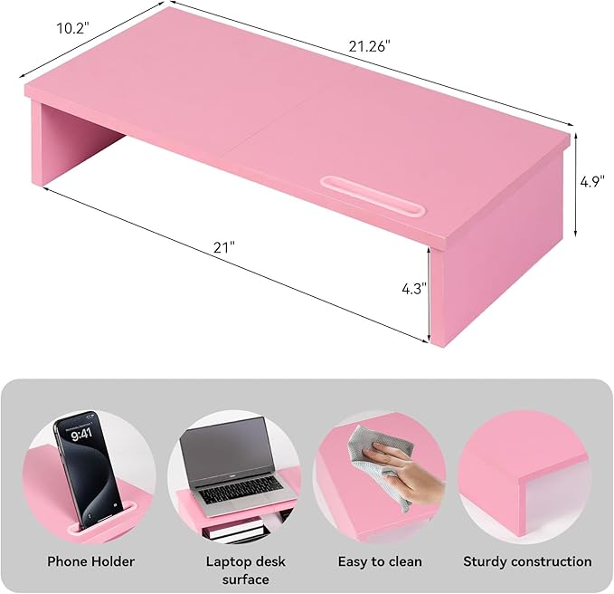 Qupui 21" Monitor Stand Riser with Phone Holder, Monitor Stand for Desk, Computer Monitor Stand, Desk Shelf for Top of Desk, Desktop Organizer for Laptop, Printer, TV