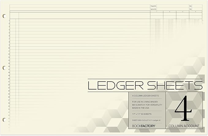 BookFactory Ledger Sheets/Large 4 Column Accounting Ledger Columnar (Four Columns) Loose Leaf Paper - 17'' x 11'', 50 Pages, Loose Leaf, 3 Hole Punched (Made in USA)