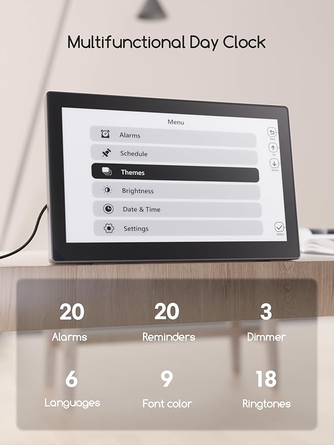 Raynic Digital Clock, Large Display Calendar Clock with 12 Themes, 20 Alarms, 20 Reminders, Auto Dimming, 12/24 Hours, Indoor Temperature, Humidity for Seniors, Desk