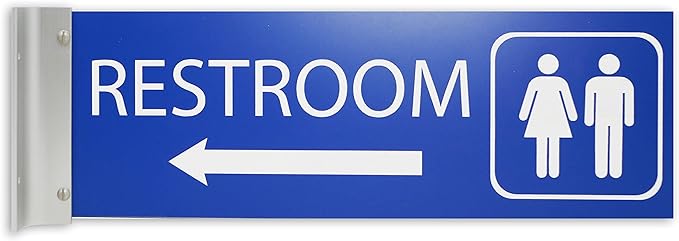 ALPHA DOG SIGNS Corridor Projecting Hallway Bathroom Sign, Left Arrow, 4"x12" Double Sided, Indoor/Outdoor, Easy Install, Durable Business Wayfinding Plaque, USA-Made (Blue)