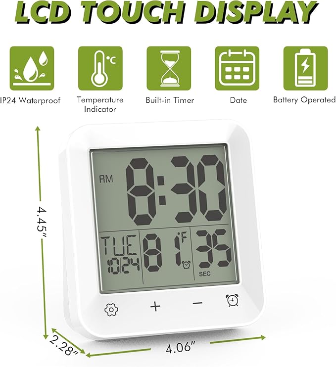 Wisoee Digital Shower Clock Waterproof, Bathroom Wall Clock Timer with Touch Screen, Temperature, LCD Display, Suction Cup Hanging Hole Stand for Kids and Adults