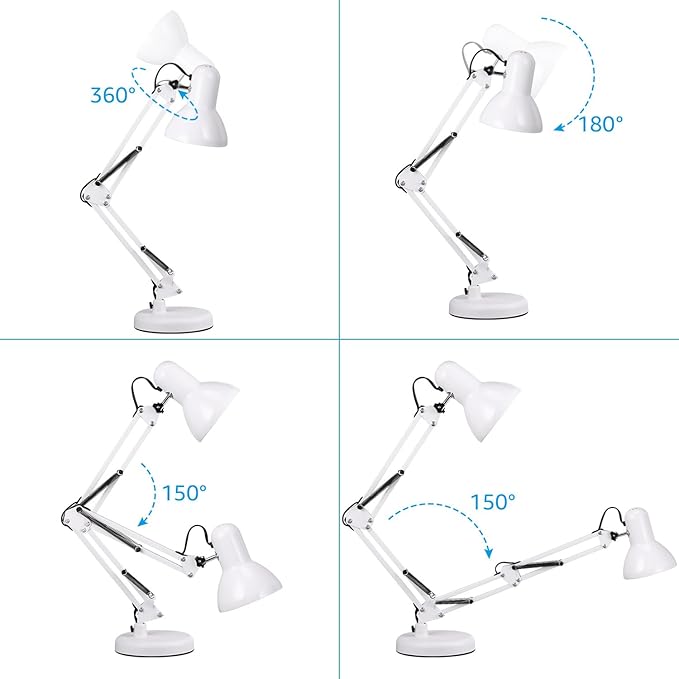 TORCHSTAR Metal Desk Lamp with Clamp, Swing Arm, Architect Adjustable Gooseneck Table Lamp, Clip Desk Lights for Home Office, Work, Study, Reading, E26 Base, Multi-Joint, White