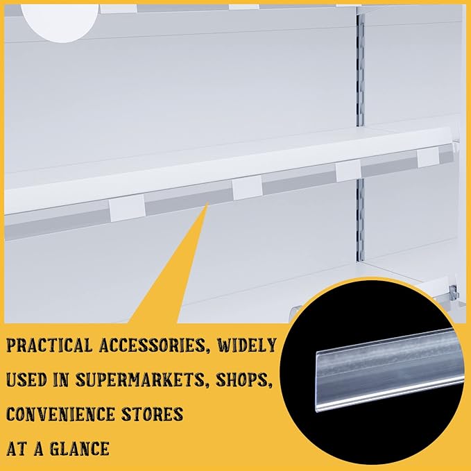 Fainne 100 Pcs 1.25 Inch Shelf Label Strip Holders Plastic Wire Shelf Price Tag Holder Self Adhesive Clear PVC Front and Back Labels Strip for Gondola Price Tag Wood Metal Rack, 48 Inches Long