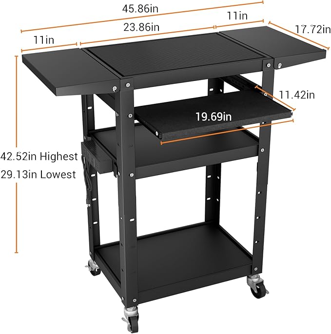 Mobile AV Cart with Pullout Keyboard Tray, Rolling Computer Cart Height Adjustable Rolling Media Utility Cart with 4 Wheels, 4 Outlets, Perfect for Home or Office Us