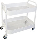 LIWNYRK 2 Tier Metal Rolling Cart with Wheels for Under Desk Storage & Pantry Storage, High Load-Bearing Kitchen Utility Cart for Small Space, Laundry Room Organization Side Table with 4 Hooks, White
