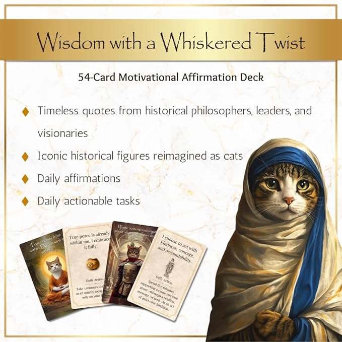 Paws of Wisdom Motivational 54-Card Deck. Cat-Themed Historical Quotes, Positive Affirmations & Daily Actions for Personal Growth. Mindfulness & Self-Care Gift for Women, Adults, Teens, & Teachers