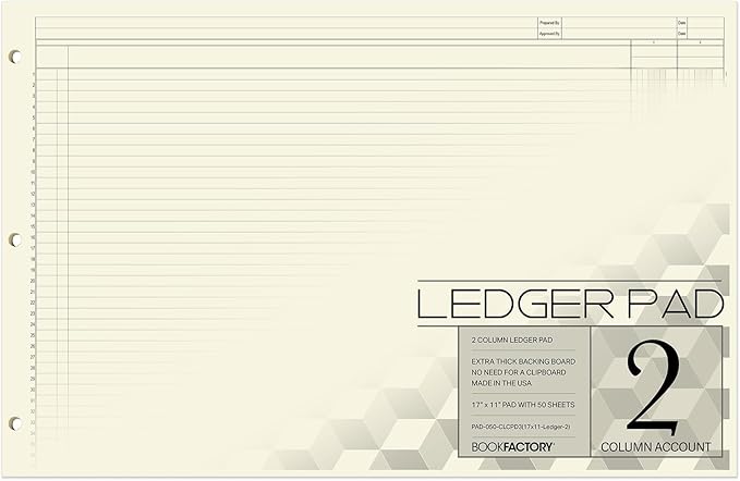 BookFactory Ledger Sheets/Large 2 Column Accounting Ledger Columnar (Two Columns) Loose Leaf Paper - 17'' x 11'', 50 Pages, Loose Leaf, 3 Hole Punched (Made in USA)