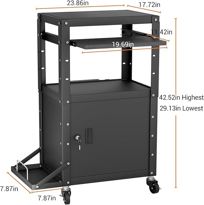 Mobile AV Cart with Side Shelves, Rolling Computer Cart Height Adjustable Rolling Media Utility Cart with Pullout Keyboard Tray Extra Storage Space, 4 Outlets, Perfect for Home or Office Use