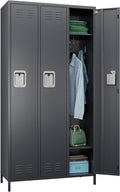 SUPEER Metal Employee Lockers with 3 Doors,Metal Locker with 9 Hooks for Office Gym Garage Home,Assembly Required,Dark Grey