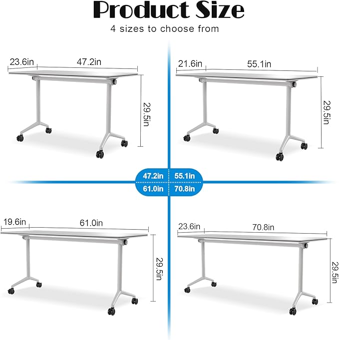 Conference Table Flip Top Mobile Conference Room Tables,Folding Conference Table with Wheels,Large Meeting Training Seminar Table Saving Space for Office Classroom (12, White, 55.1'')