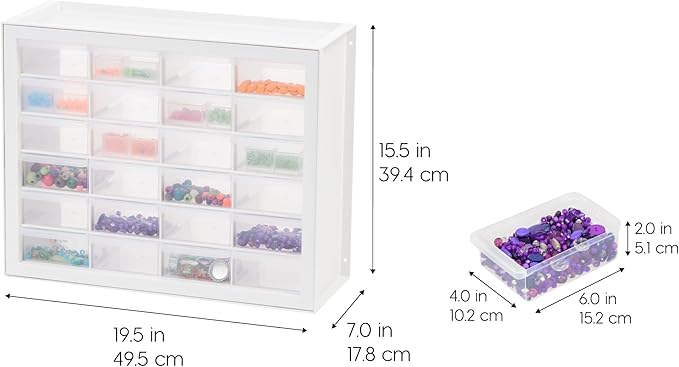 IRIS USA Plastic Drawer Storage Organizer, 24-Drawer Teacher Toolbox Bead Small Parts Organizer Cabinet for Hardware Crafts Nuts Bolts Tools Sticker Home Business Scrapbook Art Hobby Garage - White