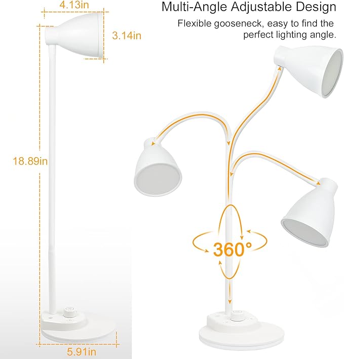 BOHON LED Desk Lamp with USB Charging Port, 3 Color Modes Dimmable Reading Lamp, Auto Dimming Task Lamp, Flexible Neck Table Light for Dorm Bedside, Adapter Include, White