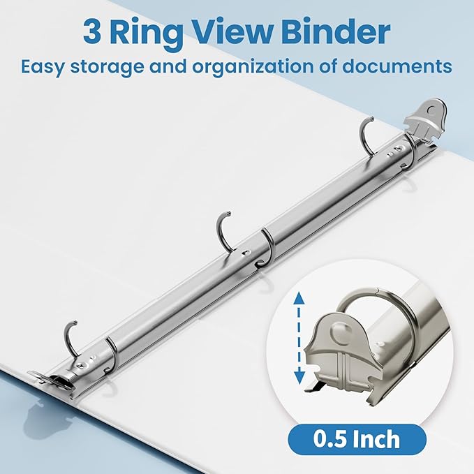 SUNEE 3 Ring Binder 1/2 Inch 1 Pack, Clear View Binder Three Ring PVC-Free (Fit 8.5x11 Inches) for School or Office Supplies, White