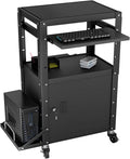 Mobile AV Cart with Side Shelves, Rolling Computer Cart Height Adjustable Rolling Media Utility Cart with Pullout Keyboard Tray Extra Storage Space, 4 Outlets, Perfect for Home or Office Use