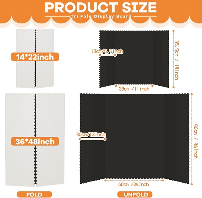 Henoyso 8 Pcs 14 x 22 Inch Black Trifold Poster Board Large Tri Fold Presentation White Display Board Foldable Paperboard for Science Fair School Business Project Exhibition