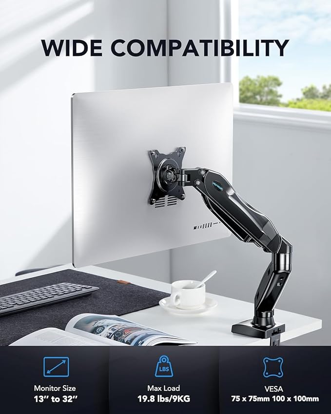 HUANUO Single Monitor Mount, 13 to 32 Inch Monitor Arm, Adjustable Monitor Stand, Vesa Mount with Clamp and Grommet Base - Fits 4.4 to 19.8lbs LCD Computer Monitors