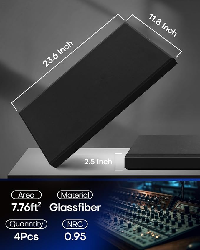 4Pack Fiberglass Acoustic Panels, Self Adhesive Sound Proof Foam Panels for Walls, Sound Dampening Panels for Studios, Office, Home Theater Soundproofing Absorbing Noise Reducing, 23.6x11.8x2.5" Black