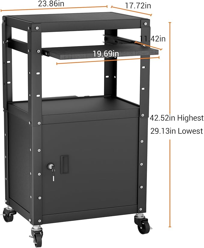 Mobile AV Cart with Cabinet, Rolling Computer Cart Height Adjustable Rolling Media Utility Cart with Extra Storage Space, 4 Outlets, Pullout Keyboard Tray Perfect for Home or Office Use