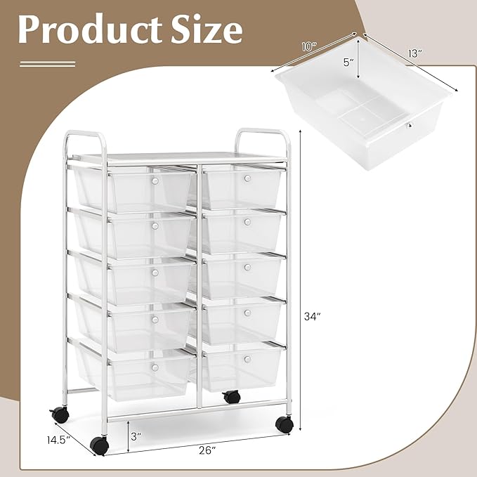 GOFLAME 10-Drawer Rolling Storage Cart, Art Craft Storage Organizer on Wheels, Multipurpose Movable Utility Cart for School, Office and Home, Clear