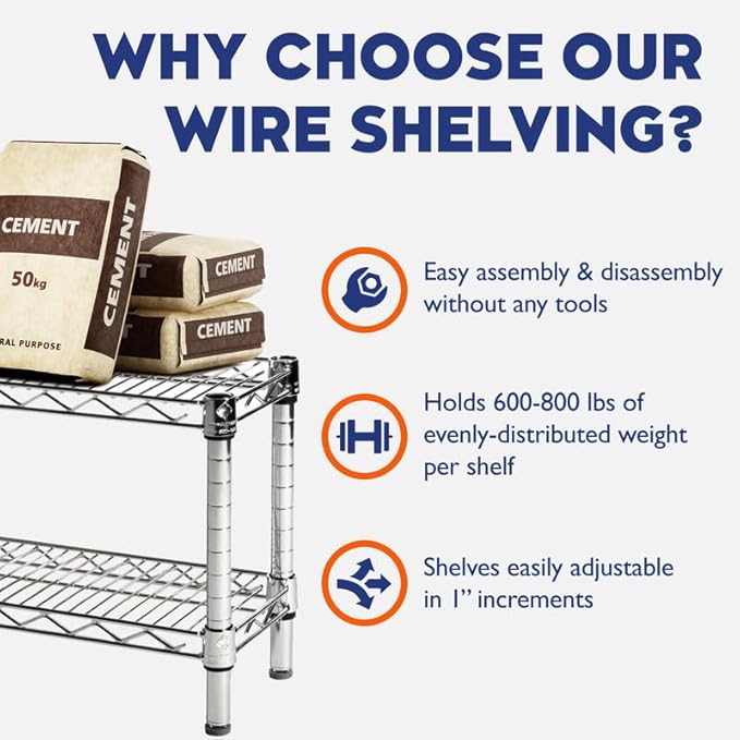 Shelving Inc. 8" d x 36" w x 54" h Chrome Wire Shelving with 5 Tier Shelves, Weight Capacity 800lbs Per Shelf