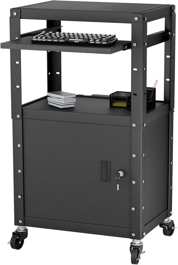 Mobile AV Cart with Cabinet, Rolling Computer Cart Height Adjustable Rolling Media Utility Cart with Extra Storage Space, 4 Outlets, Pullout Keyboard Tray Perfect for Home or Office Use