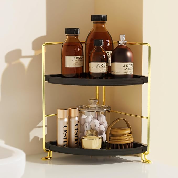 JANUS LiANG 2-Tier Spice Rack Corner Storage Shelf Makeup Organizer Stackable Cosmetic Holder Standing Counter Shelf for Bathroom, Kitchen, Countertop, and Vanity (Gold + Black)