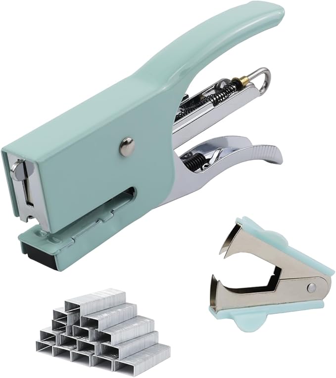 Aacehlh Small Hand-held Stapler Set, 15 Sheet Capacity, Includes 750Pcs Staples and A Staple Remover, Mini Desktop Stapler for Office, School, Home or Travel Use. (Mint Green)