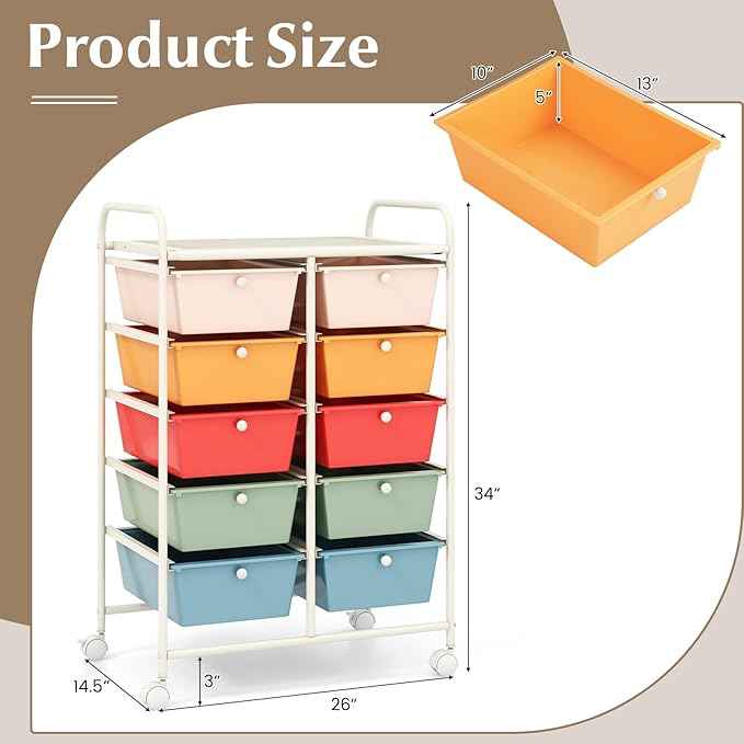 GOFLAME 10-Drawer Rolling Storage Cart, Art Craft Storage Organizer on Wheels, Multipurpose Movable Utility Cart for School, Office and Home, Macaron Color