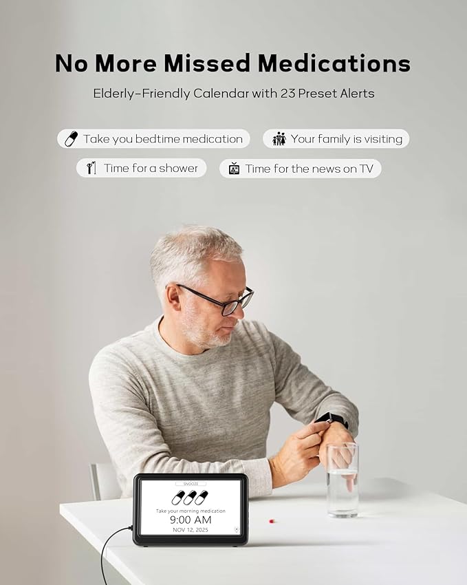 Mesqool Dementia Clock for Seniors -7" Large HD Display with Day and Date, 20 Alarms and 20 Reminders, Auto DST, 18 Ringtones, Plug-in Electric Calendar Clock for Alzheimer’s & Memory Loss Care