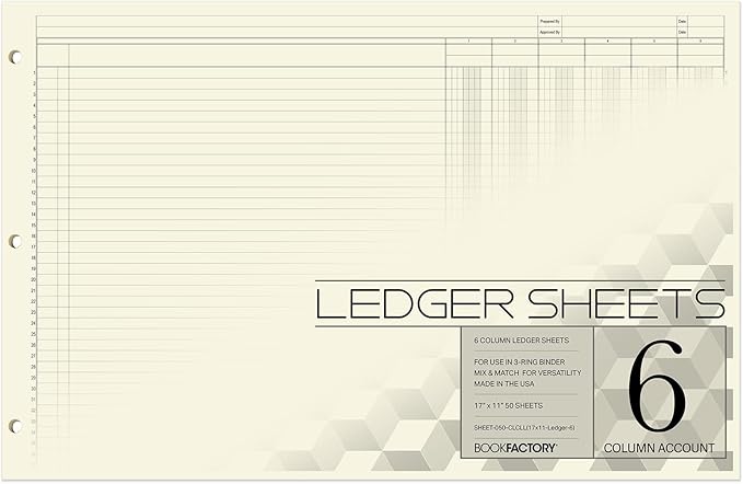 BookFactory Ledger Sheets/Large 6 Column Accounting Ledger Columnar (Six Columns) Loose Leaf Paper - 17'' x 11'', 50 Pages, Loose Leaf, 3 Hole Punched (Made in USA)