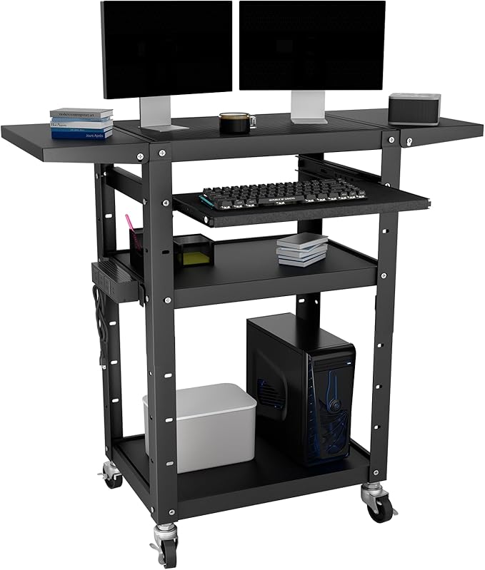 Mobile AV Cart with Pullout Keyboard Tray, Rolling Computer Cart Height Adjustable Rolling Media Utility Cart with 4 Wheels, 4 Outlets, Perfect for Home or Office Us