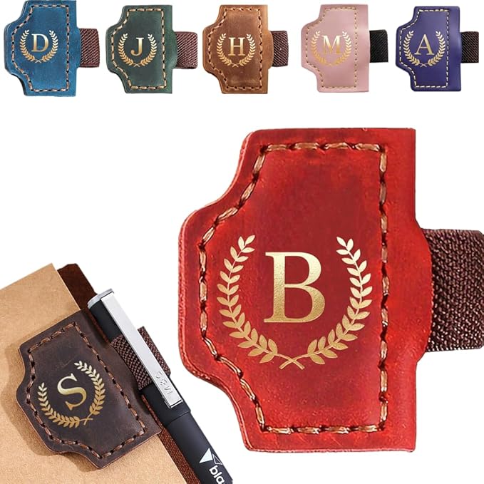 Personalized Mark Bookmark with Pen Holder, Leather Magnetic Book Marker 26 Letters,Custom Initials Page Marks, Gifts for Book Lovers Readers Men Women (Red, B)