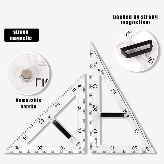 Magnetic Geometry Tool, Protractor, Triangle Rulers Easy Attachment Blackboard Measurement Kit, Teacher Board Protractor Multi-Purpose Kit Large (Transparent-4pc)