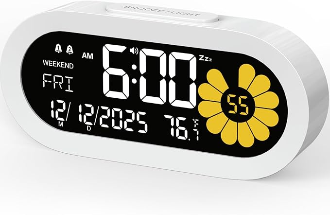 DOOMAY Digital Alarm Clock for Bedroom: Dual Alarm Bedside Clock VA LCD Display with Seconds, 9-Minute Snooze and Weekend Mode, 3 Brightness, 4 Alarms and 3 Volume Levels，Type C & Battery Included