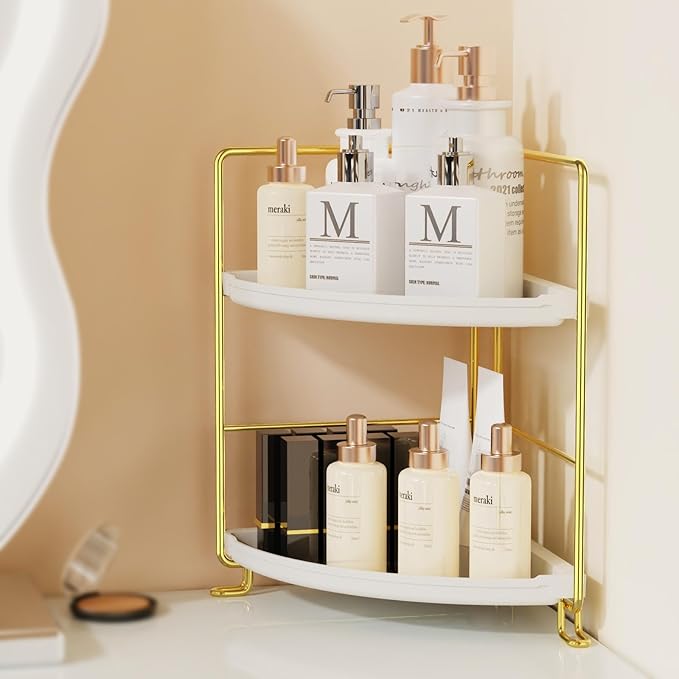 JANUS LiANG 2-Tier Corner Bathroom Countertop Organizer, Tiny Counter Corner Shelf Skincare Makeup Perfume Organizer and Organization for Kitchen (Luxury Gold)