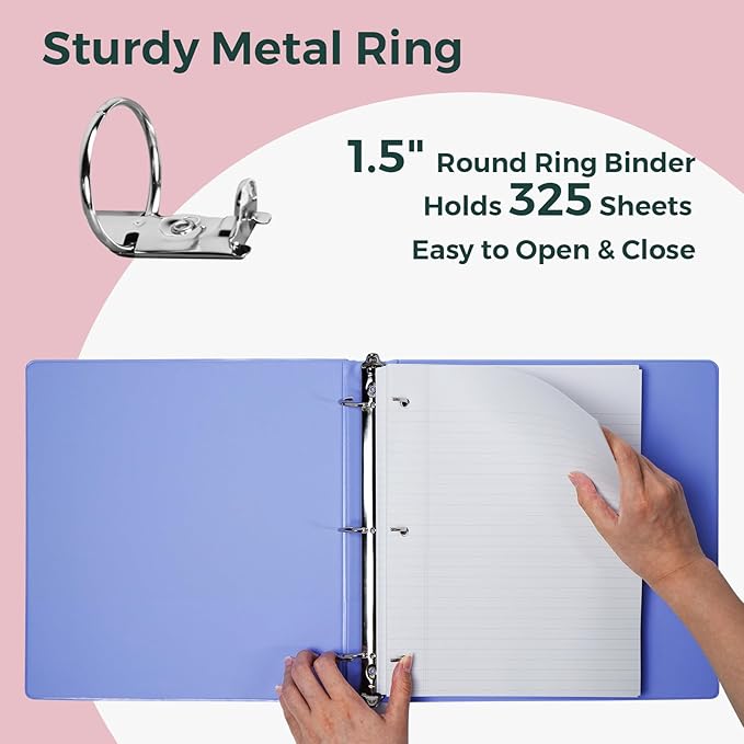 POPRUN 3 Ring Binder 1.5 Inch, PVC-Free, Holds 325 Sheets of 8.5 x 11 Paper, Extra Durable Organizer with 2 Pockets for School & Office, Heavy-Duty, 1 Pack, Prussian Blue