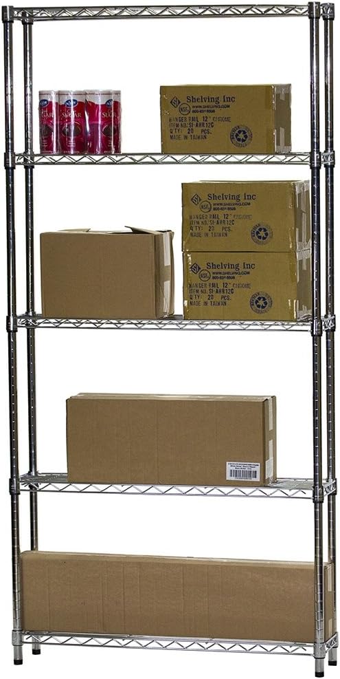 Shelving Inc. 5-Tier Chrome Wire Shelving, 8"D x 36"W x 96"H, Modern/Industrial Style, 800lbs Capacity Per Shelf