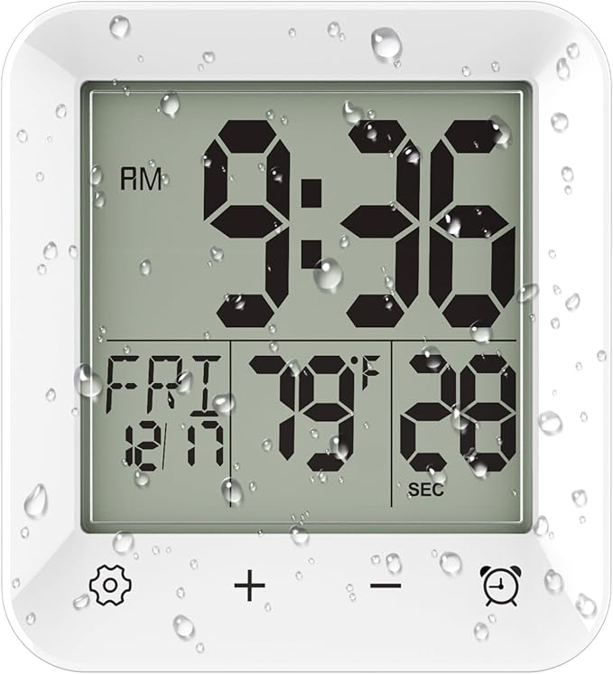 Wisoee Digital Shower Clock Waterproof, Bathroom Wall Clock Timer with Touch Screen, Temperature, LCD Display, Suction Cup Hanging Hole Stand for Kids and Adults
