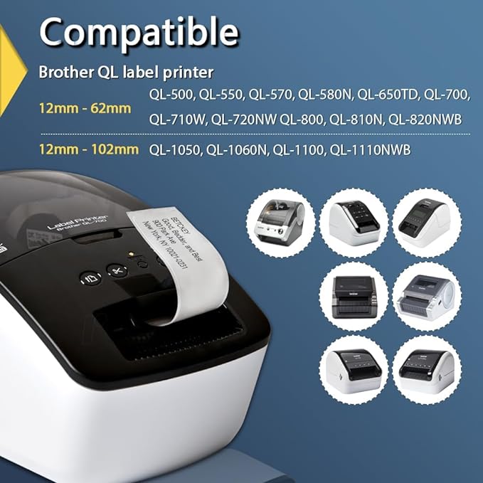BETCKEY - Compatible Continuous Labels Replacement for Brother DK-2205 (2.4 in x 100 ft), Use with Brother QL Label Printers [6 Rolls + 1 Reusable Cartridge]